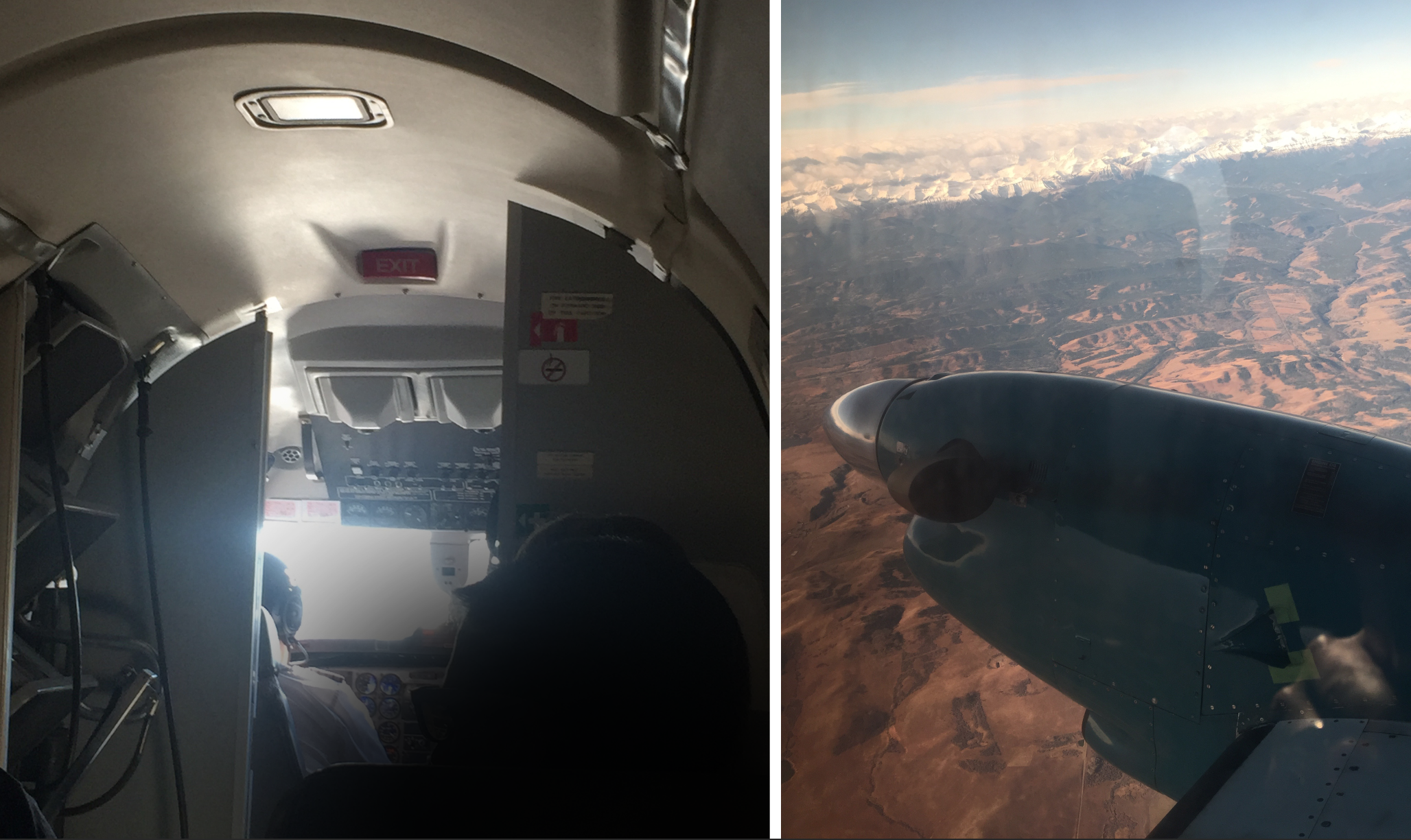 En Avion, vue sur les Rocheuses Canadiennes dans le petit avion du vol Calgary-Cranbrook - photo par Julia Braga